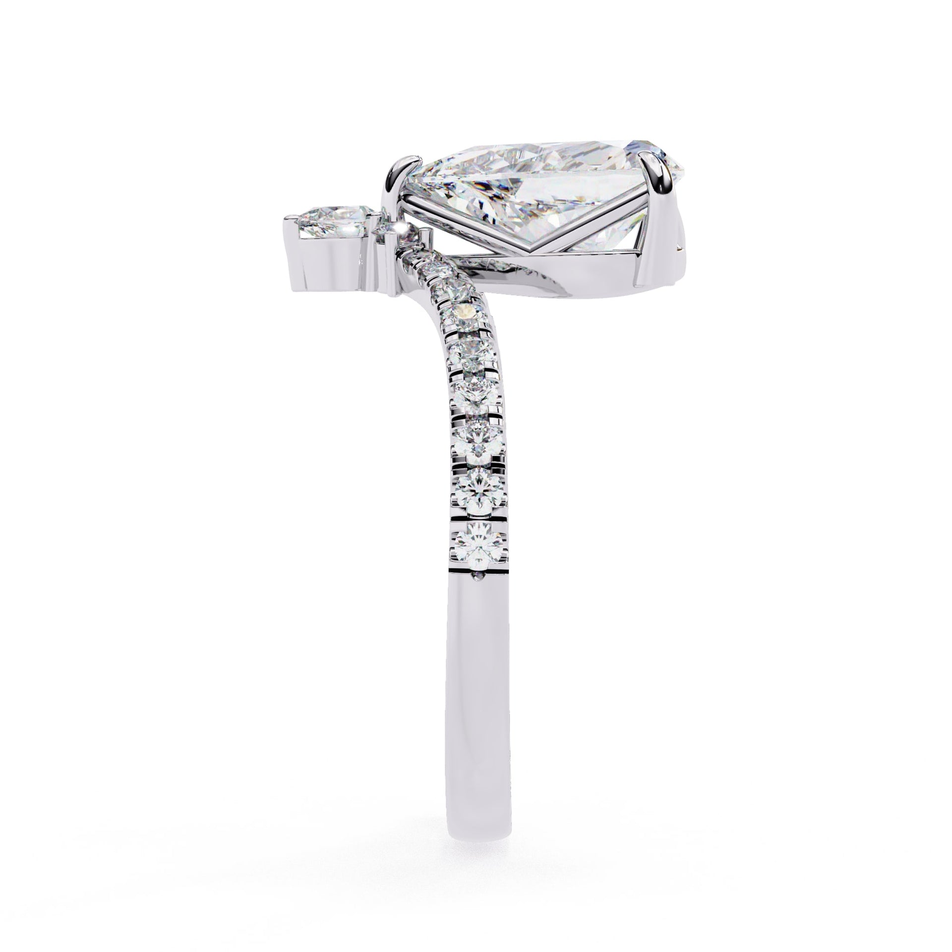 Diamond ring with a pear-shaped center stone on a white background