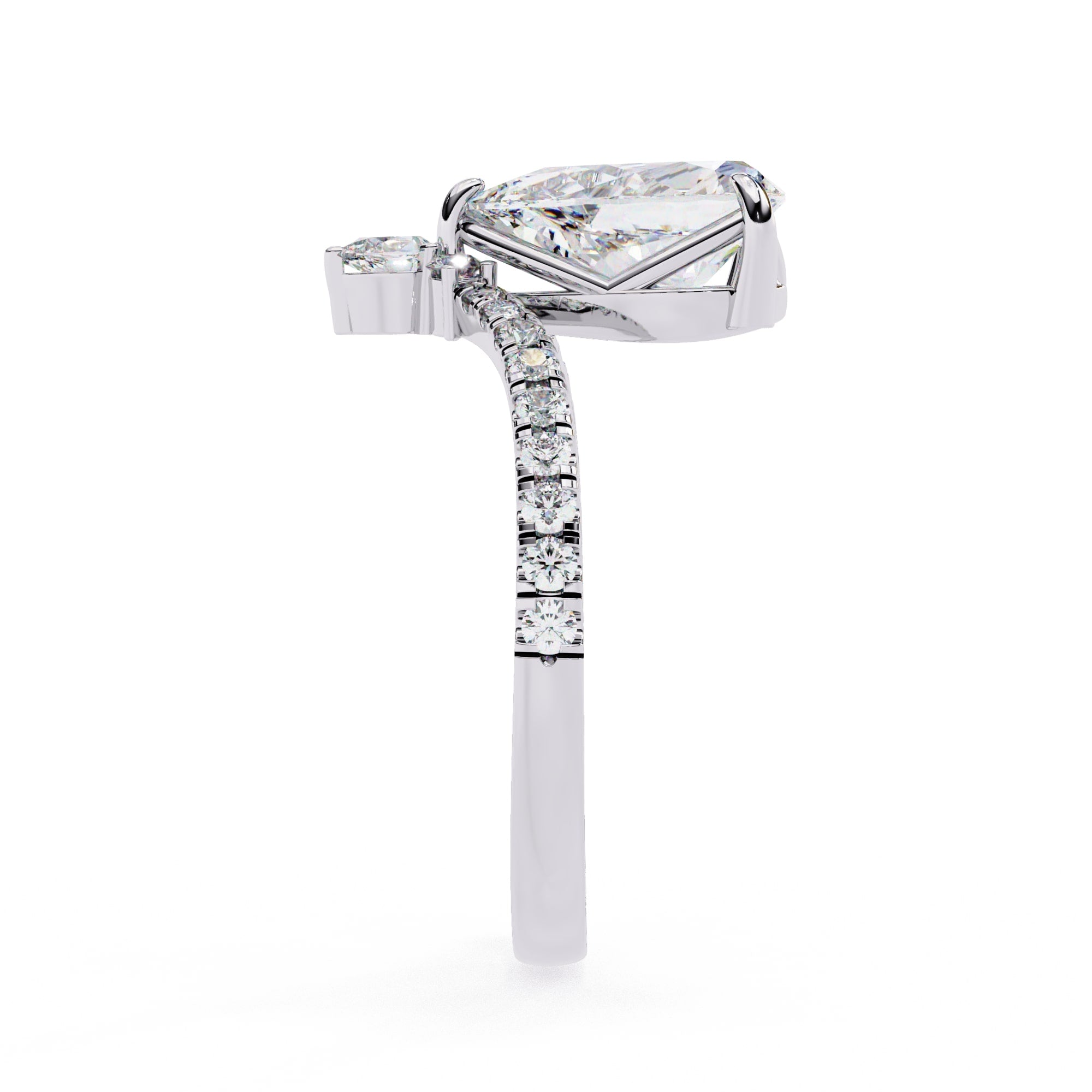Diamond ring with a pear-shaped center stone on a white background
