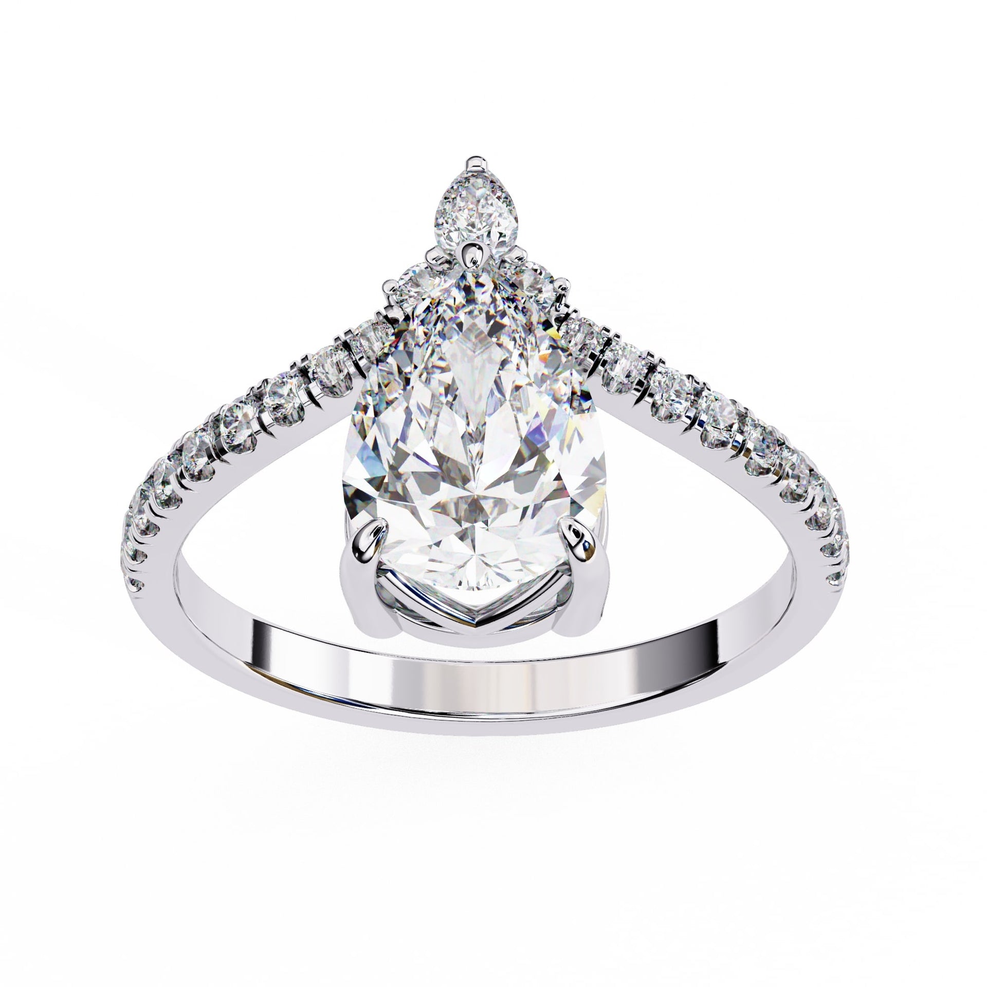 Diamond ring with a pear-shaped center stone on a white background