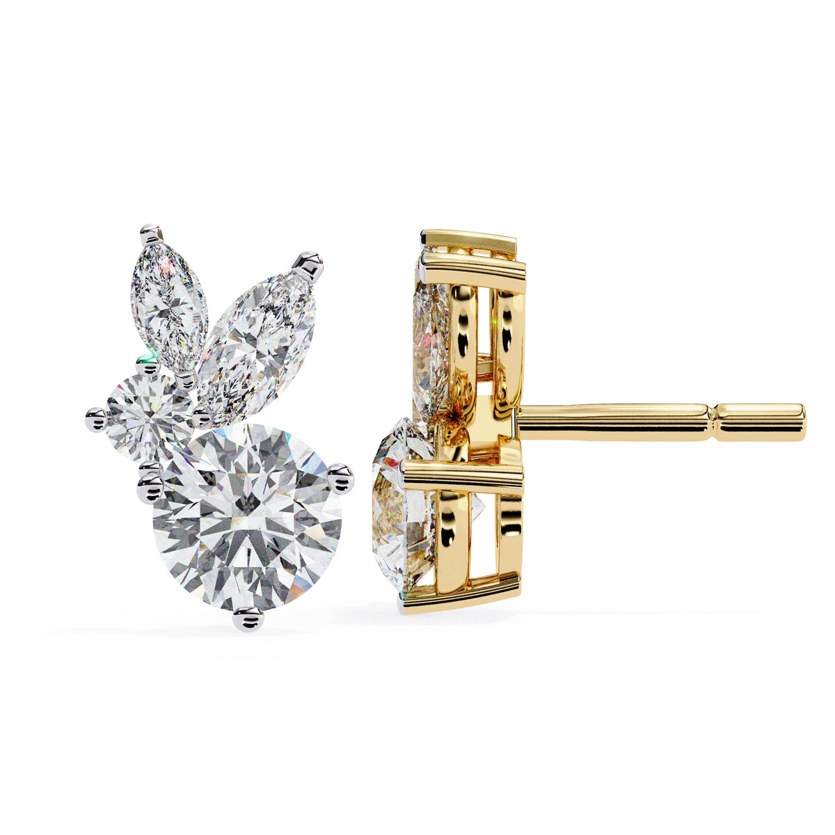 Round and Marquise Yellow Gold diamond Stud earring 