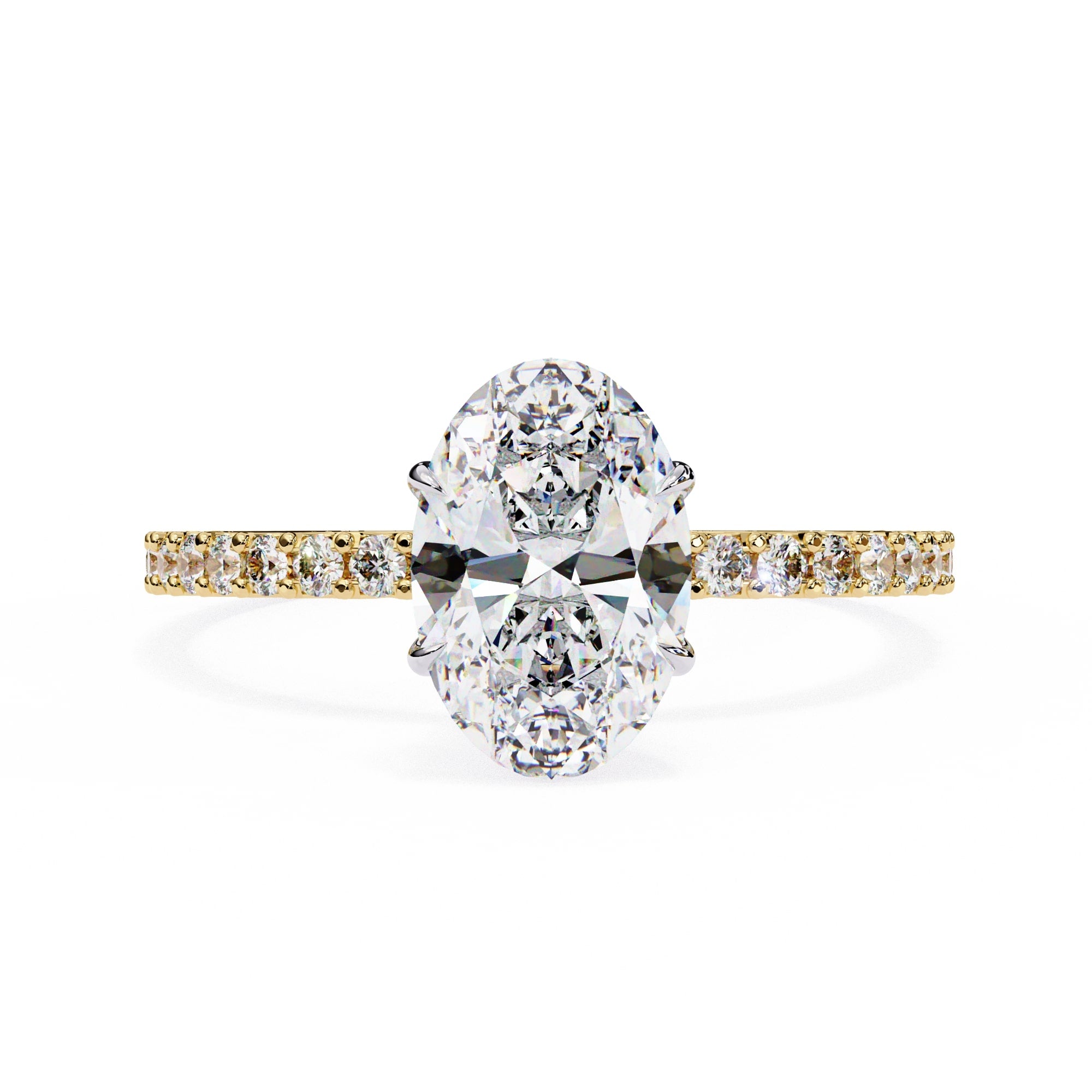 Diamond ring with yellow and white gold band on a white background