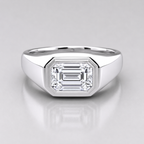 1.50 ct emerald cut lab grown diamond engagement ring with a polished bezel setting and wide band for men.