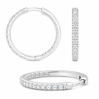 Silver hoop earrings with pavé-set clear stones, shown from multiple angles on a white background.