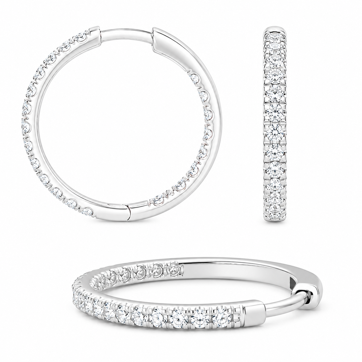 Silver hoop earrings with pavé-set clear stones, shown from multiple angles on a white background.