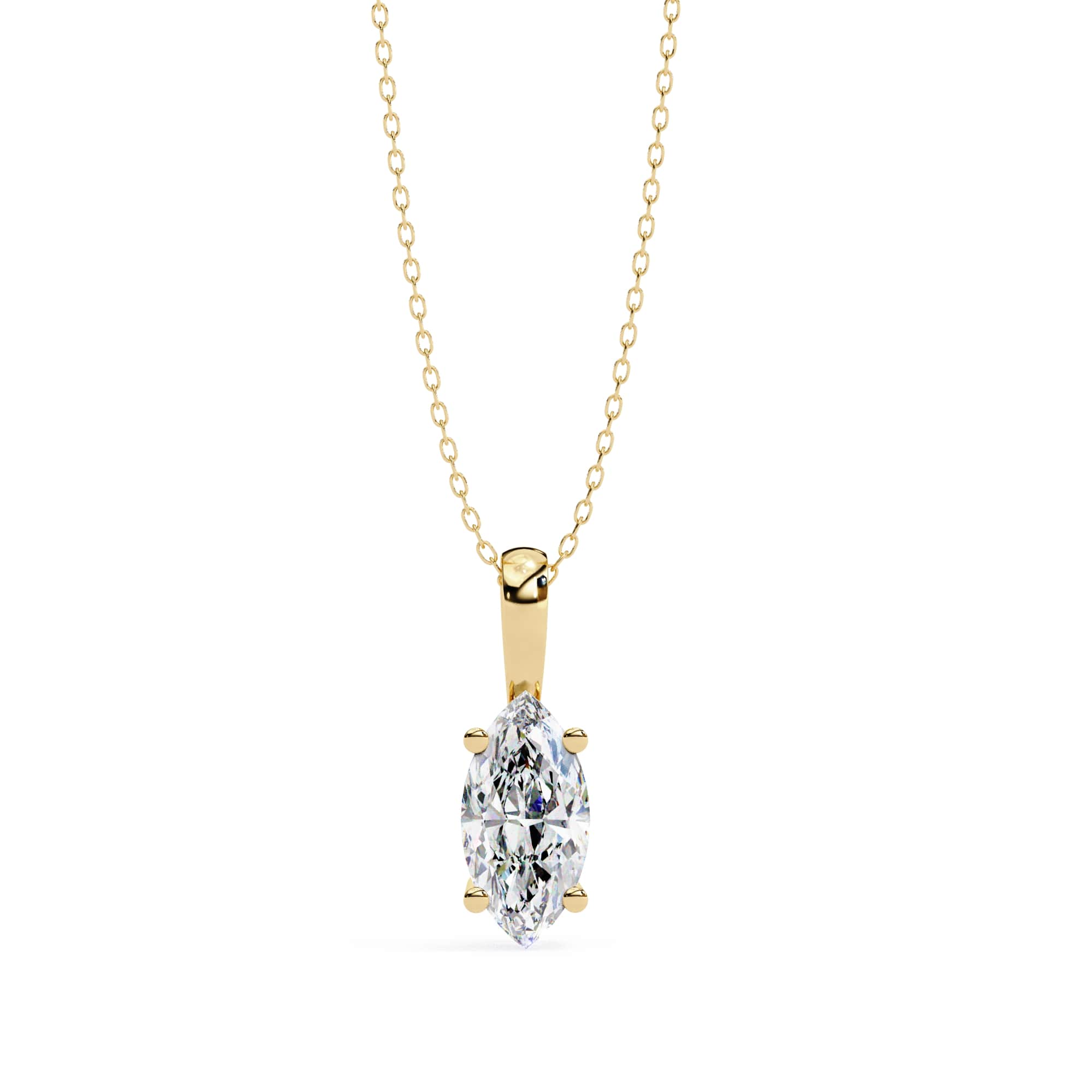 Gold necklace with a diamond pendant on a white background