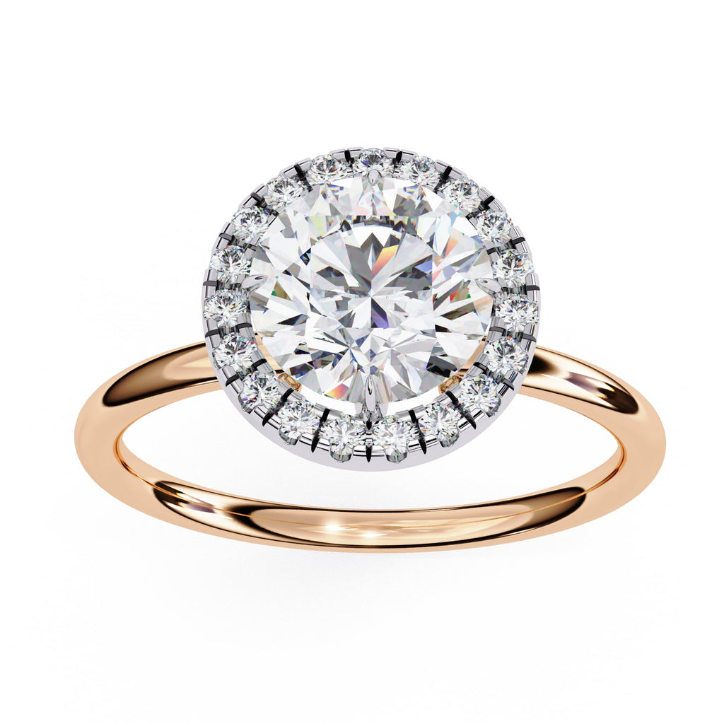 Rose gold ring with a large diamond and smaller diamonds around on a white background
