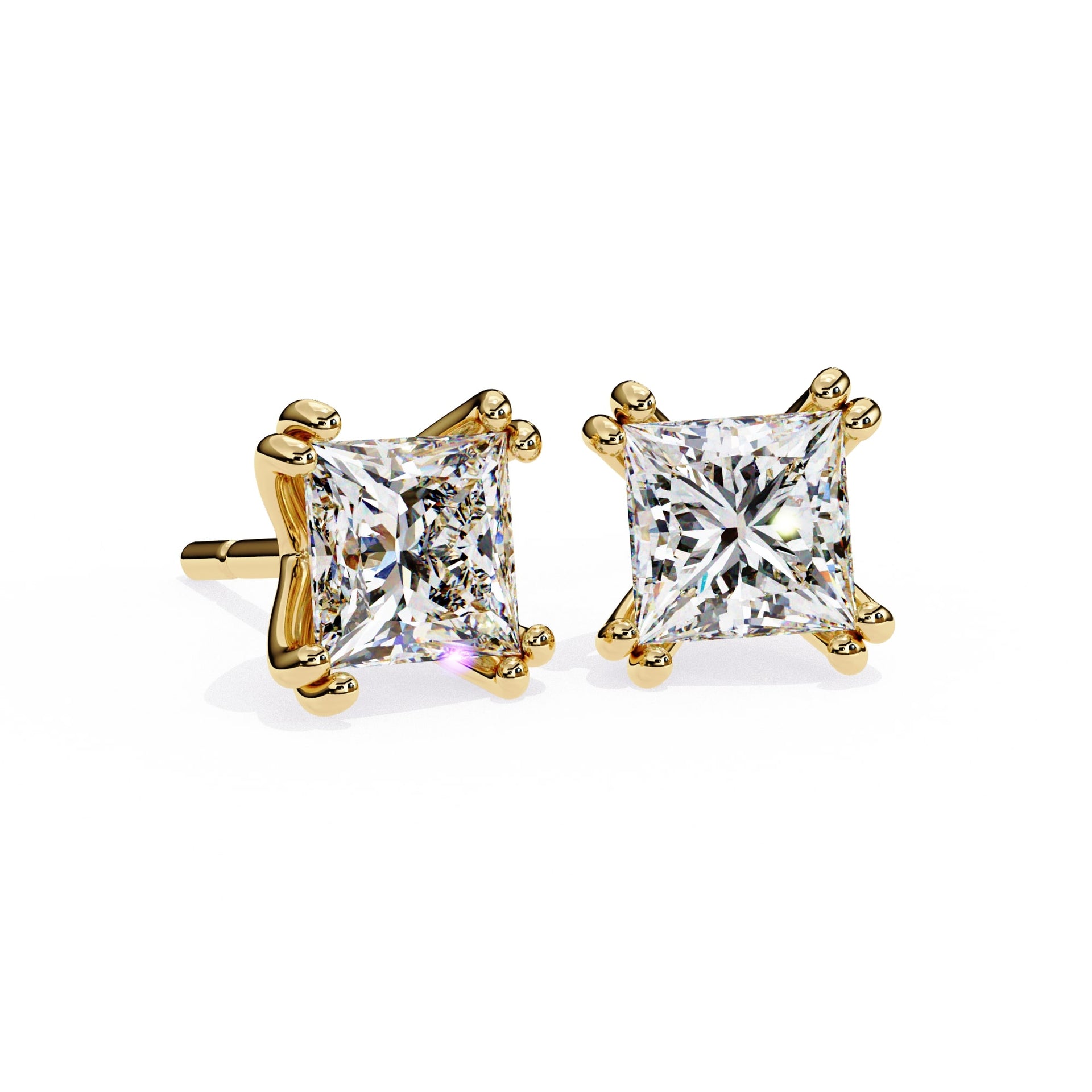 Double Claw Prong Princess Cut Diamond Stud Earrings