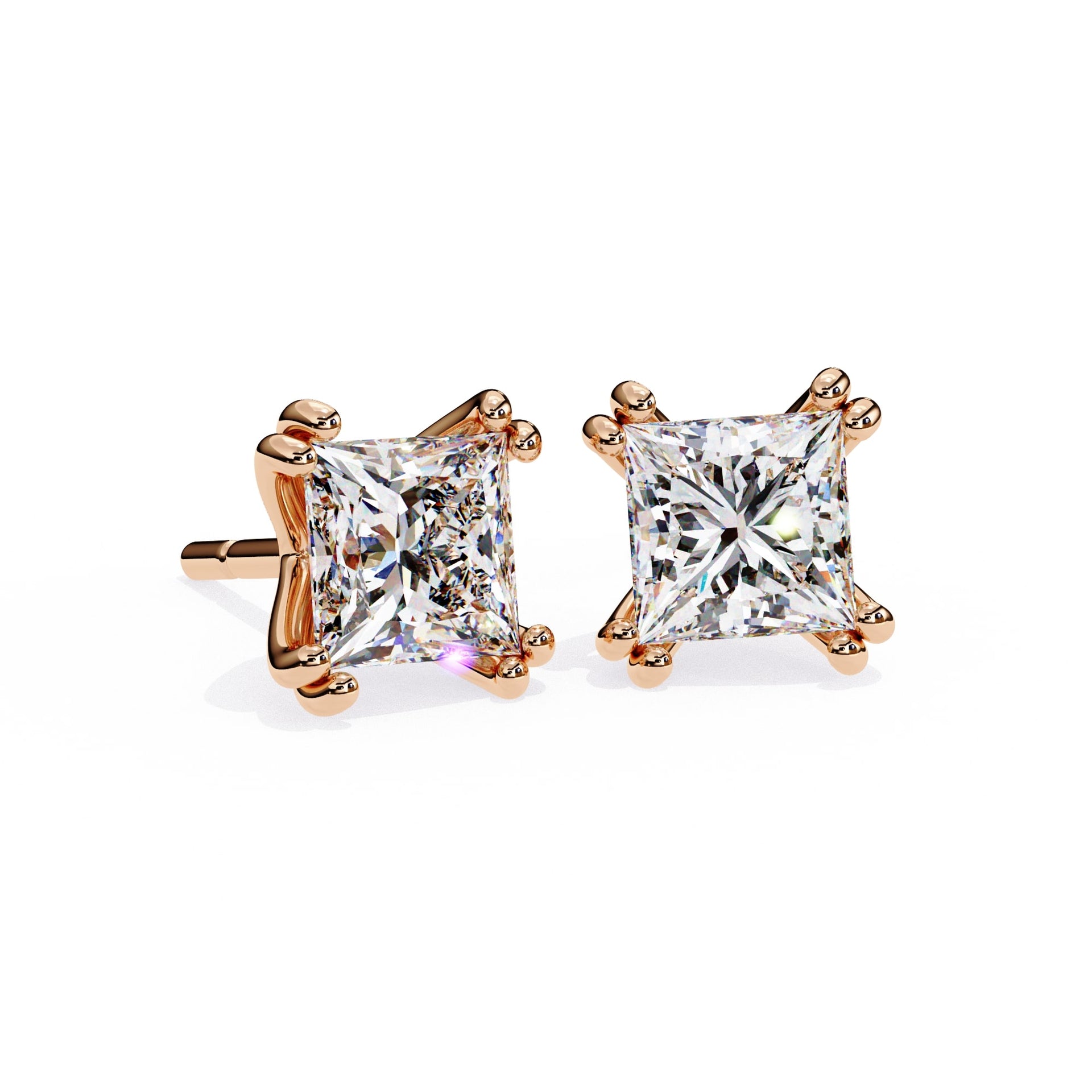 Double Claw Prong Princess Cut Diamond Stud Earrings