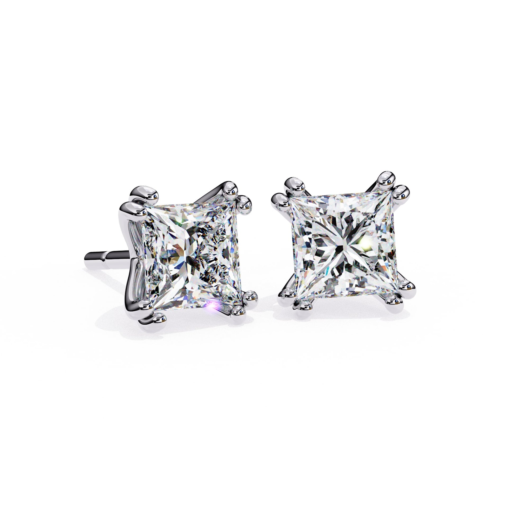 Double Claw Prong Princess Cut Diamond Stud Earrings
