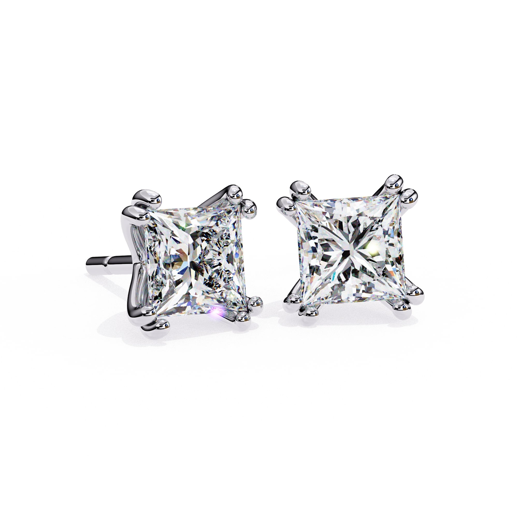 Princess Cut Diamond Stud Earrings 4 Double Claw Prong Setting