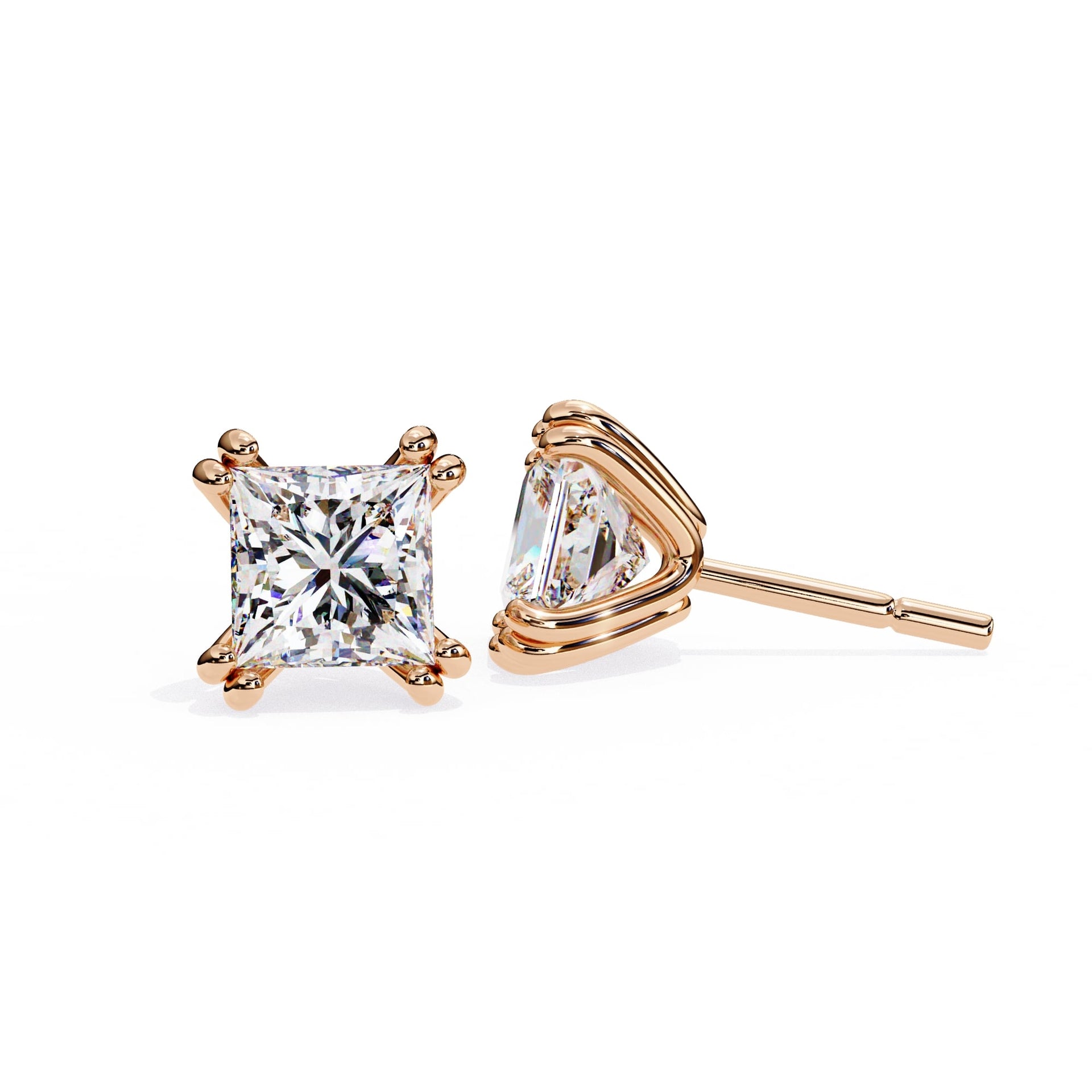Double Claw Prong Princess Cut Diamond Stud Earrings