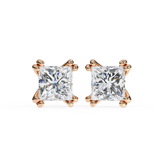 Princess Cut Diamond Stud Earrings 4 Double Claw Prong Setting