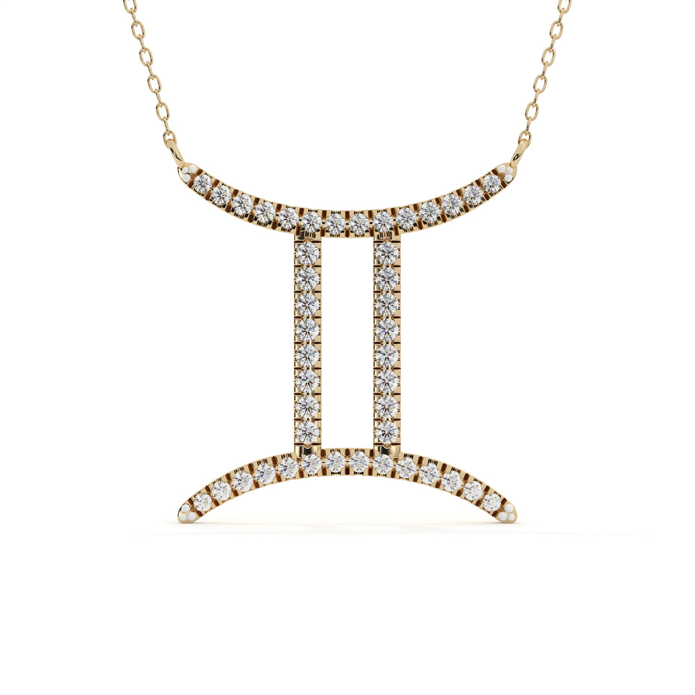 1 carat round lab grown diamond Gemini zodiac pendant in yellow gold with matching gold chain for May and June birthdays.