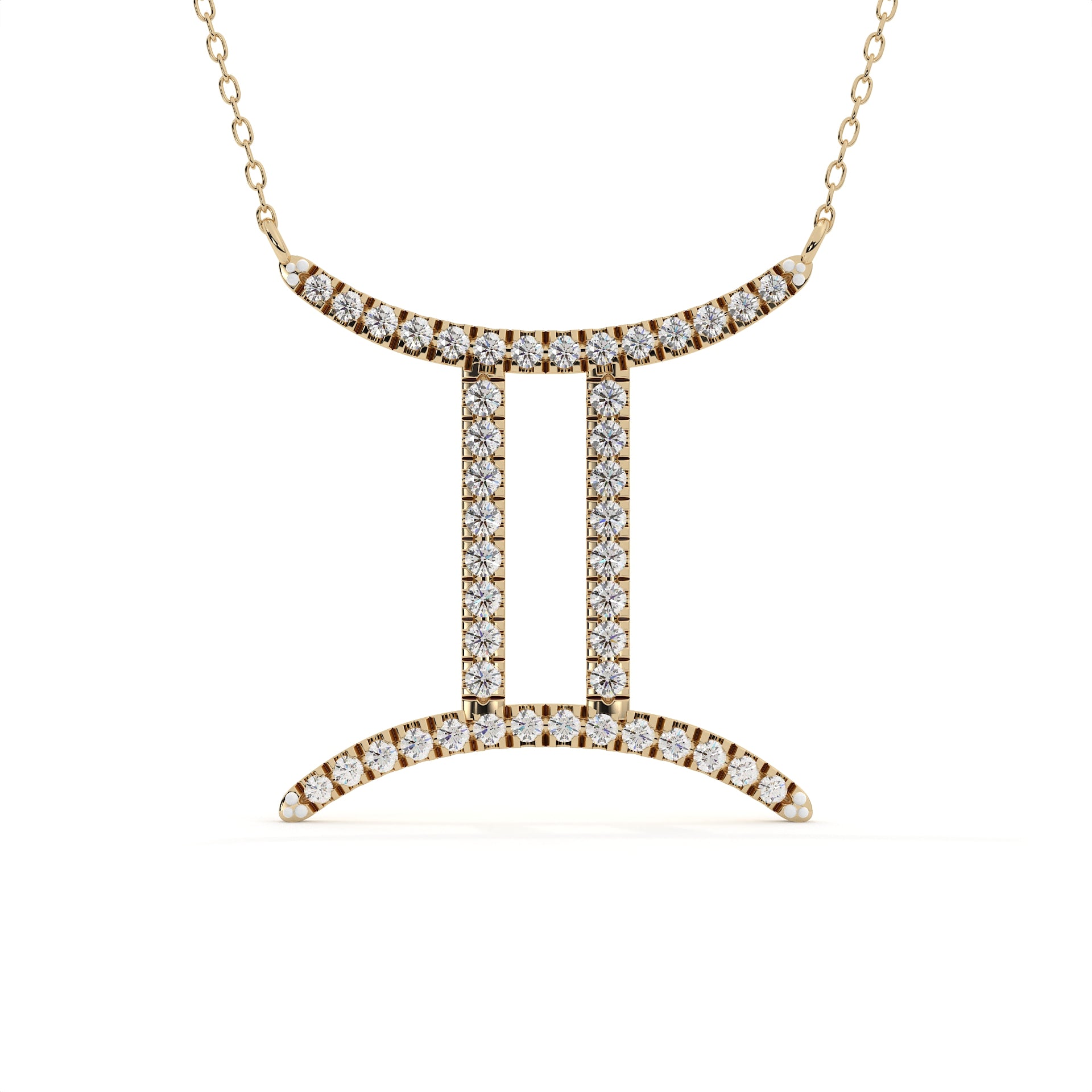 1 carat round lab grown diamond Gemini zodiac pendant in yellow gold with matching gold chain for May and June birthdays.