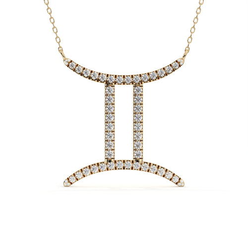 1 carat round lab grown diamond Gemini zodiac pendant in yellow gold with matching gold chain for May and June birthdays.