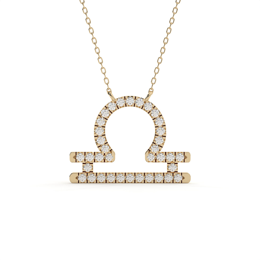 1 carat round cut lab grown diamond Libra zodiac sign pendant in yellow gold with a matching gold chain.