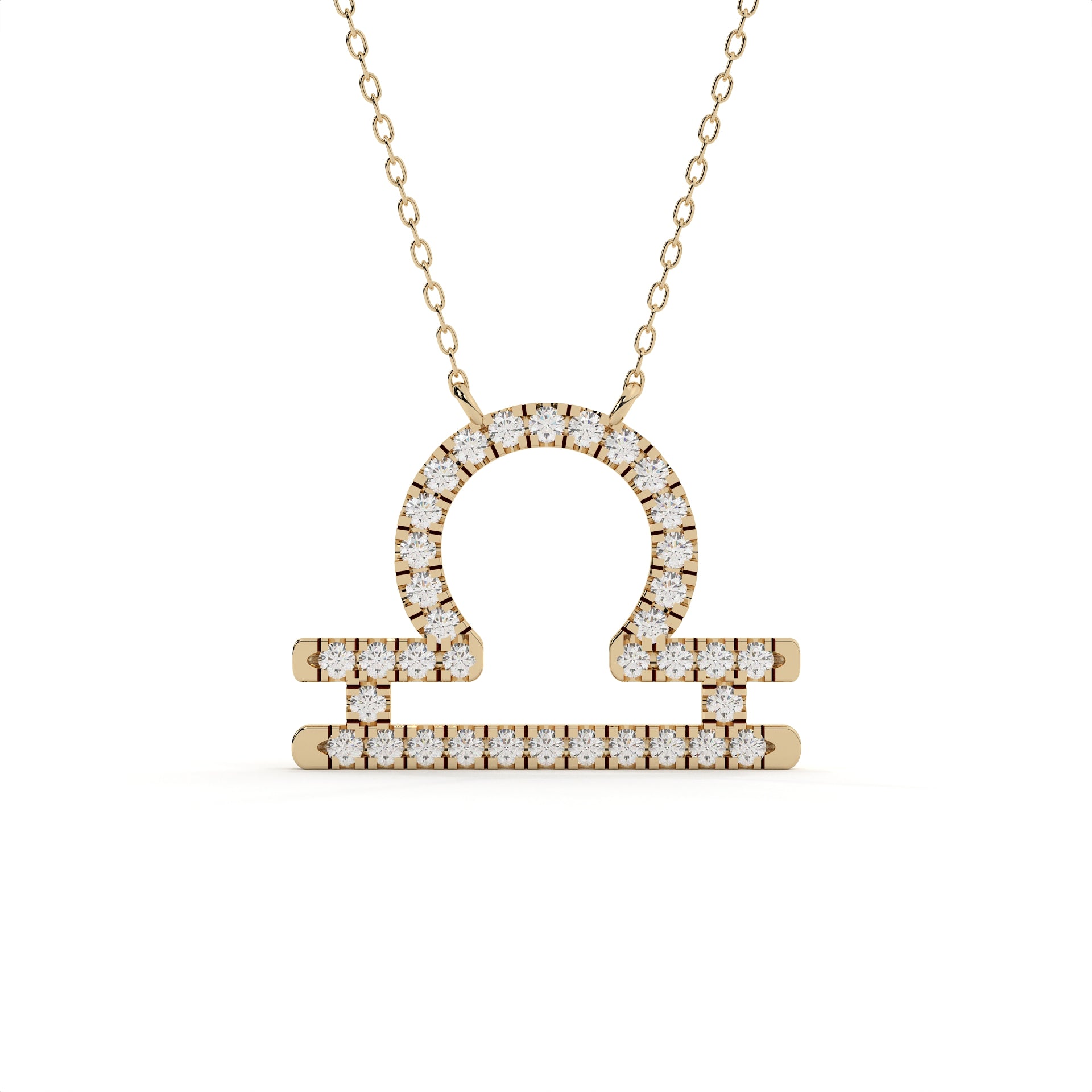 1 carat round cut lab grown diamond Libra zodiac sign pendant in yellow gold with a matching gold chain.