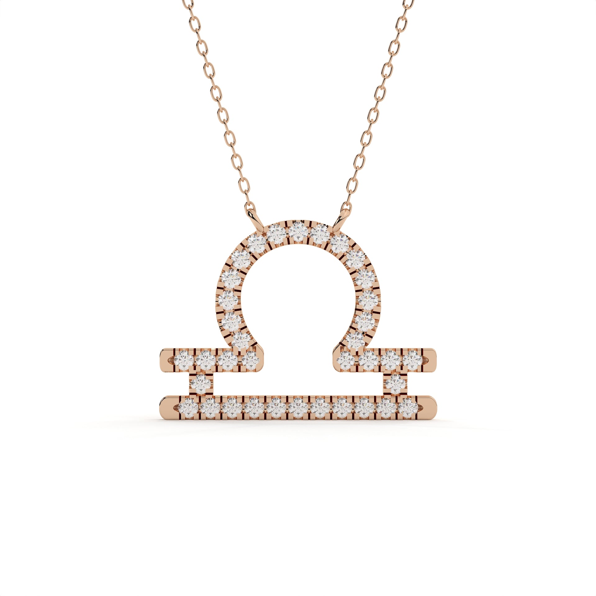 Rose gold Libra zodiac necklace with diamonds on a white background