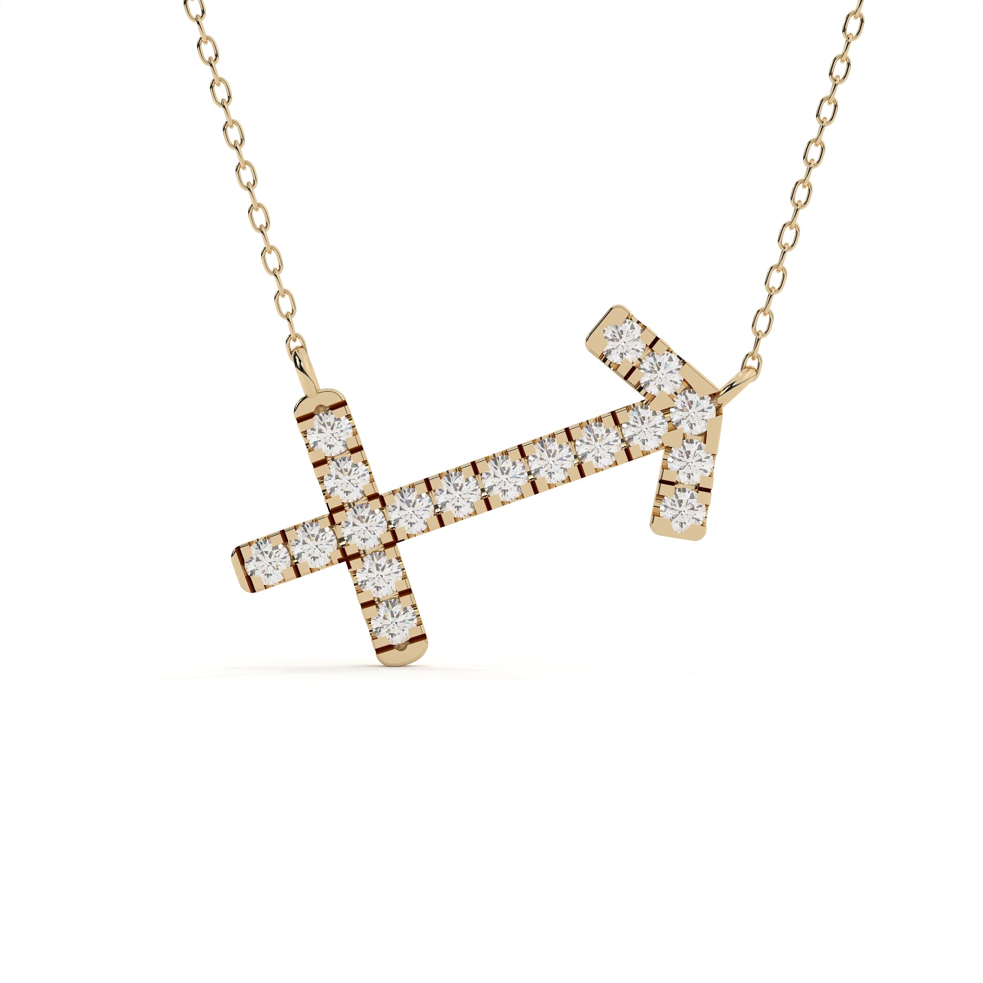 1 carat Sagittarius zodiac sign pendant with round lab grown diamonds in yellow gold and a matching gold chain.