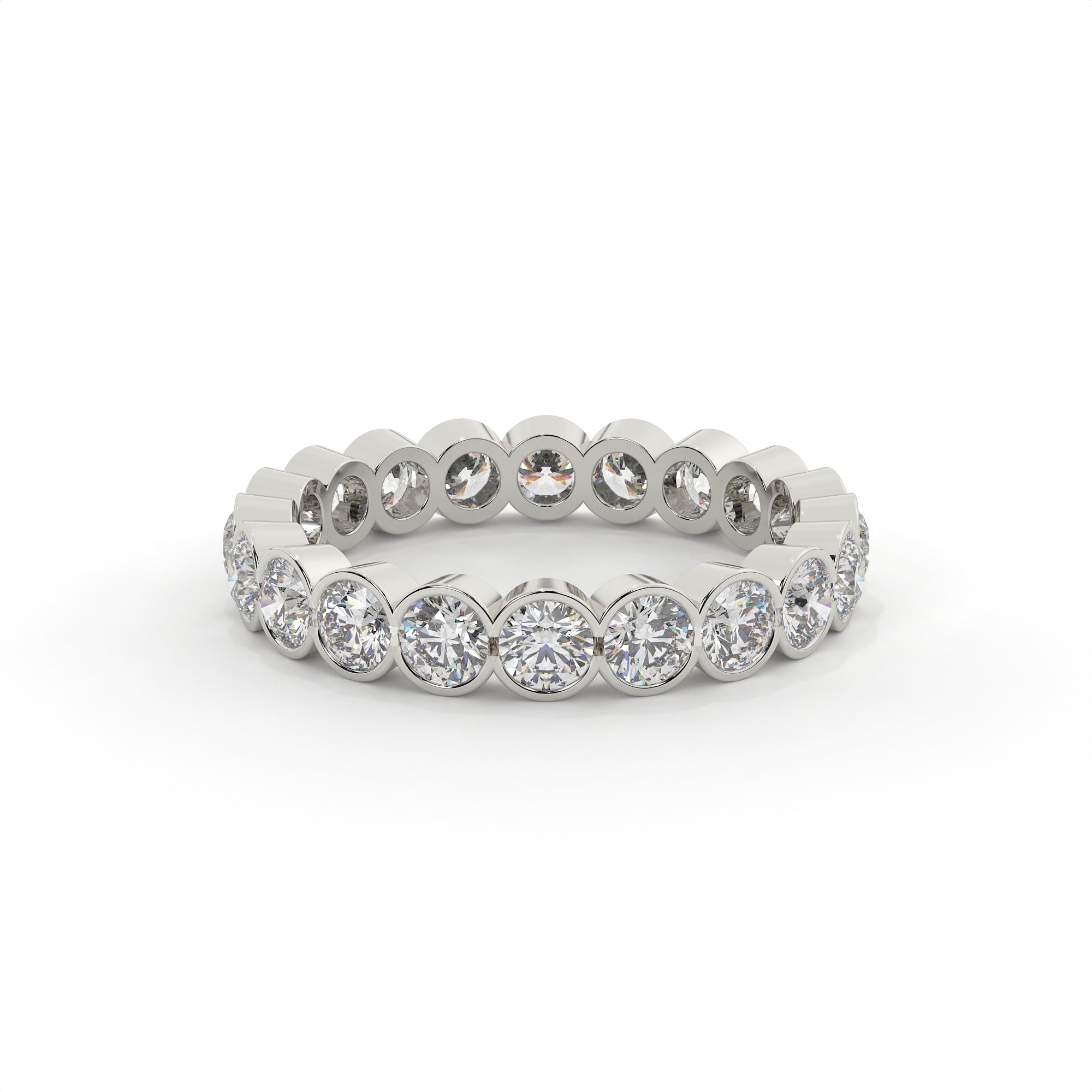 Silver ring with round diamonds on a white background