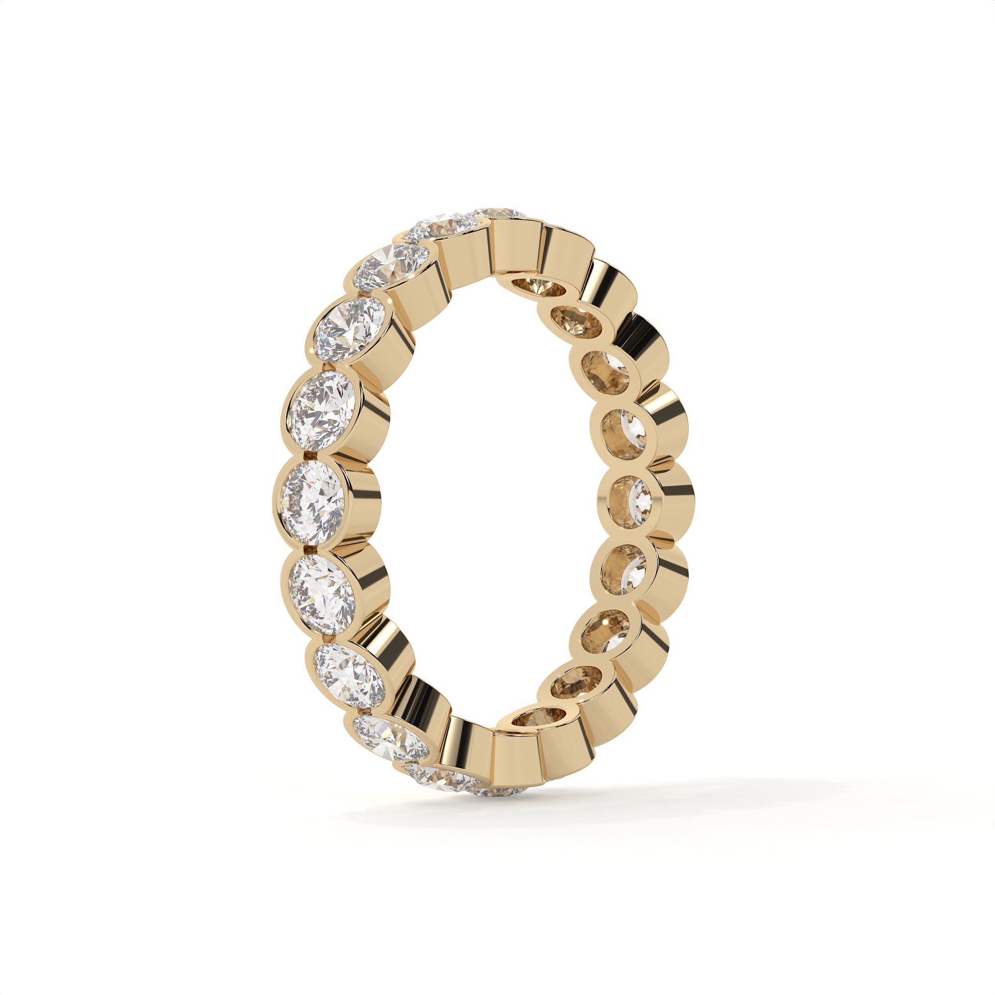 Round-cut lab-grown diamond bezel-set eternity band in yellow gold metal for comfortable wear.