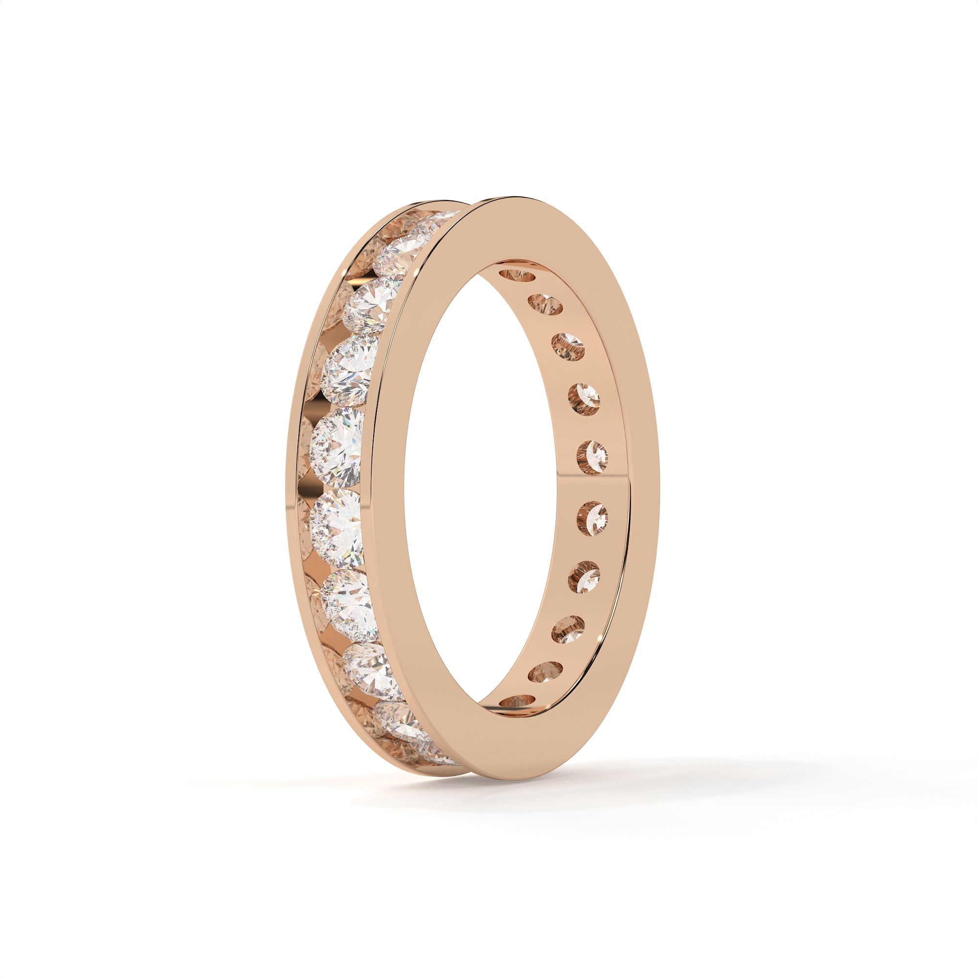 Rose gold ring with diamonds on a white background