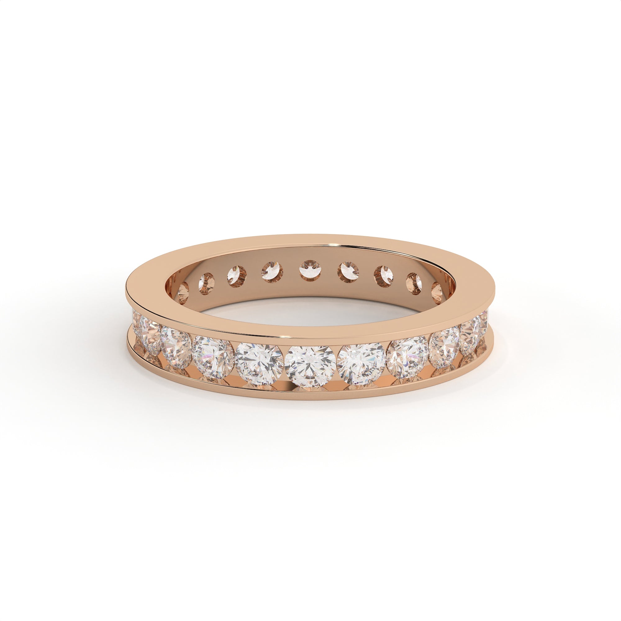 Rose gold ring with diamonds on a white background