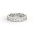 Silver ring with embedded diamonds on a white background