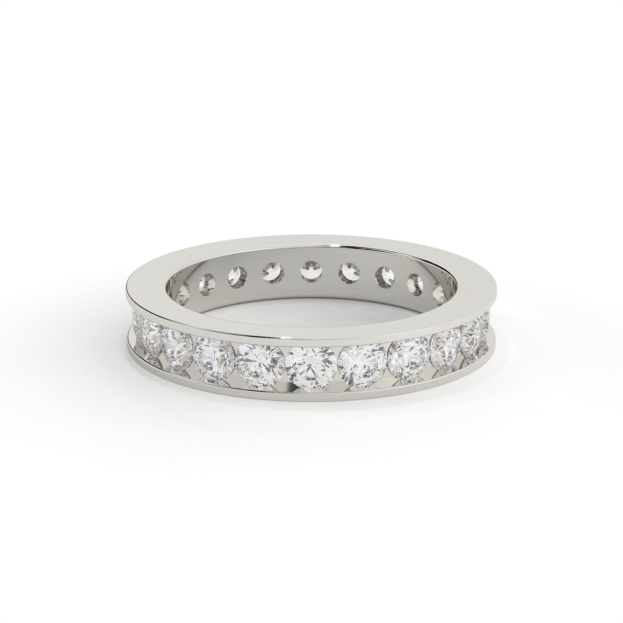 Silver ring with embedded diamonds on a white background