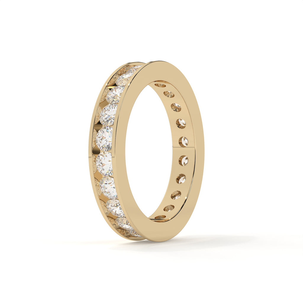 Gold ring with embedded diamonds on a white background