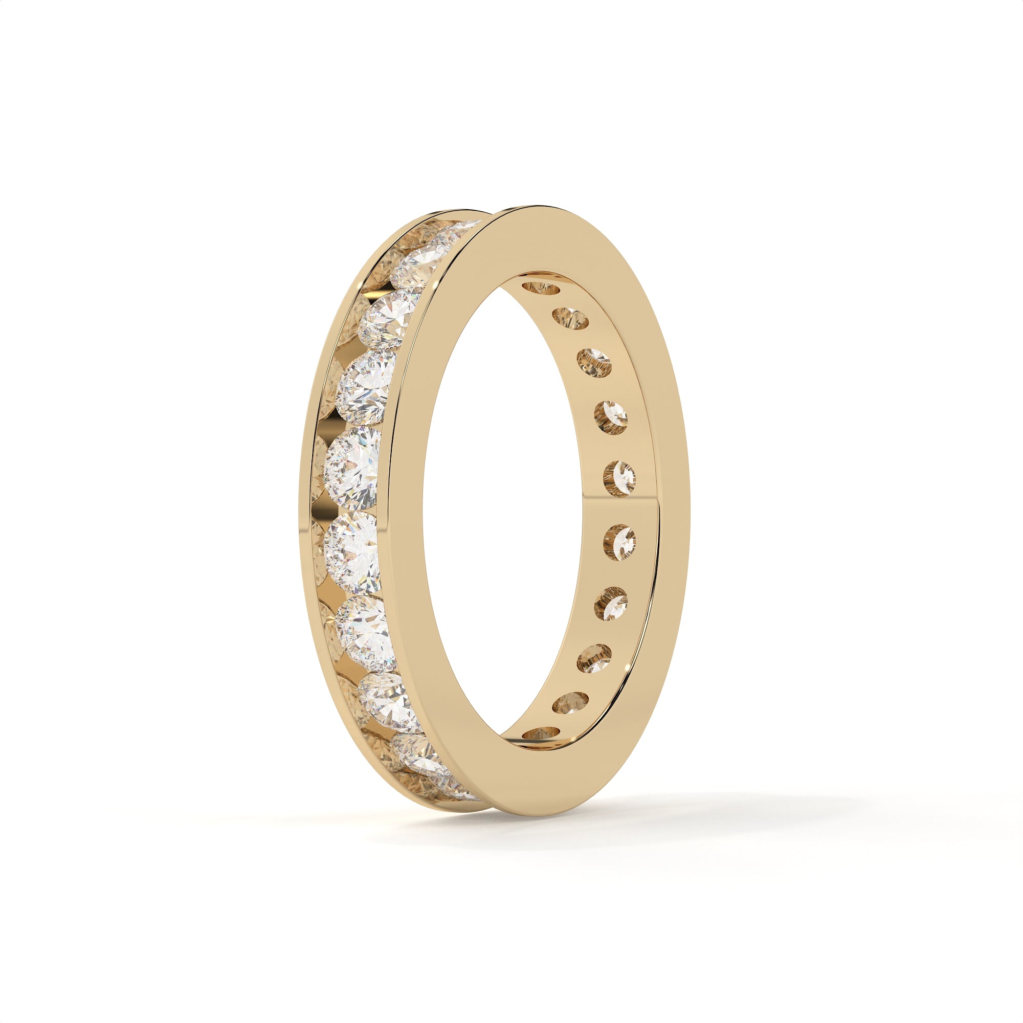 Gold ring with embedded diamonds on a white background
