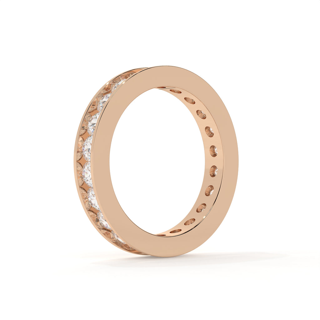 Rose gold ring with embedded diamonds on a white background