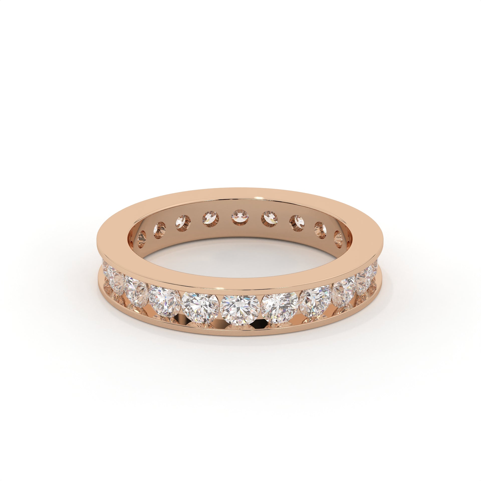 Rose gold ring with diamonds on a white background
