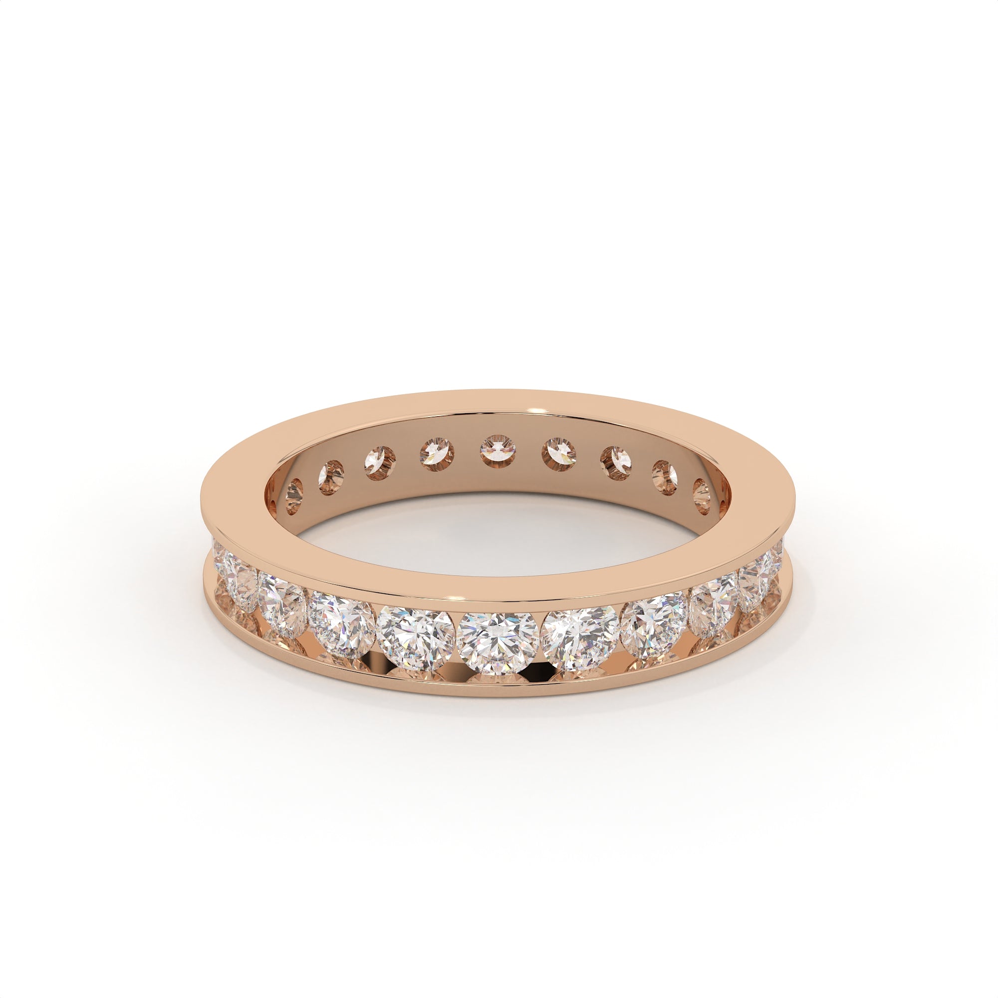 Rose gold ring with diamonds on a white background