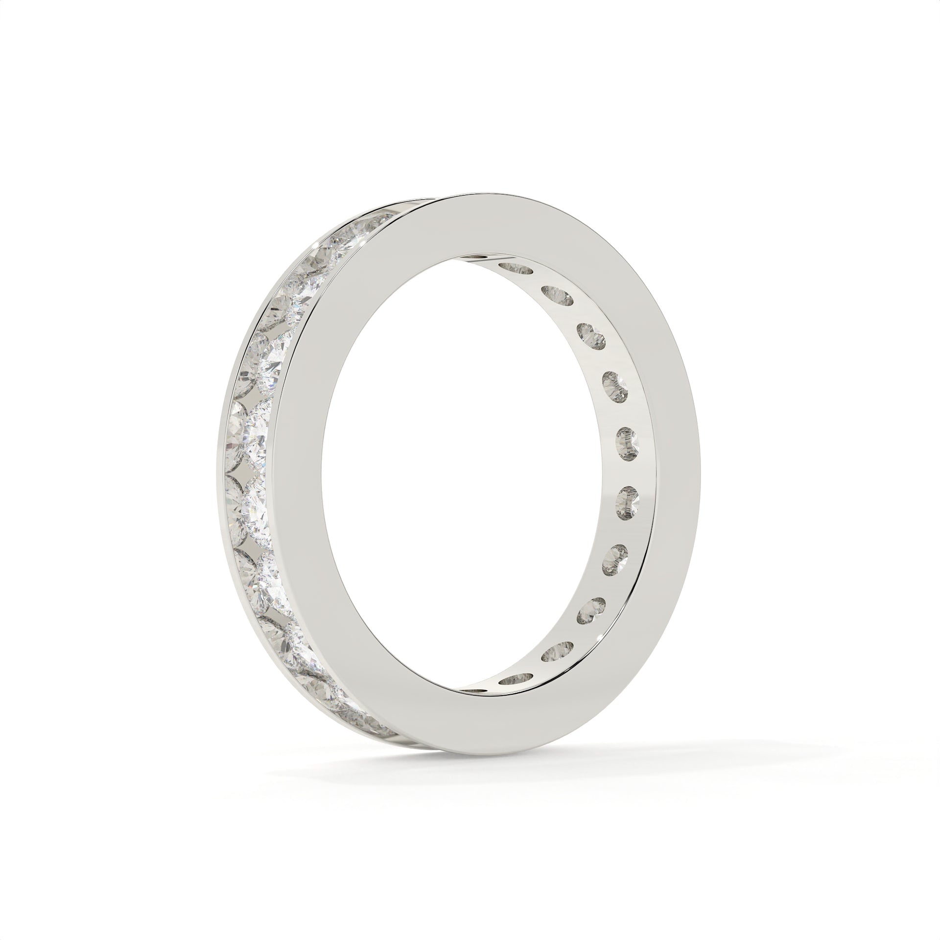Silver ring with small diamonds on a white background