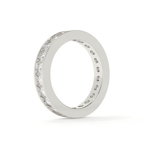 Silver ring with small diamonds on a white background