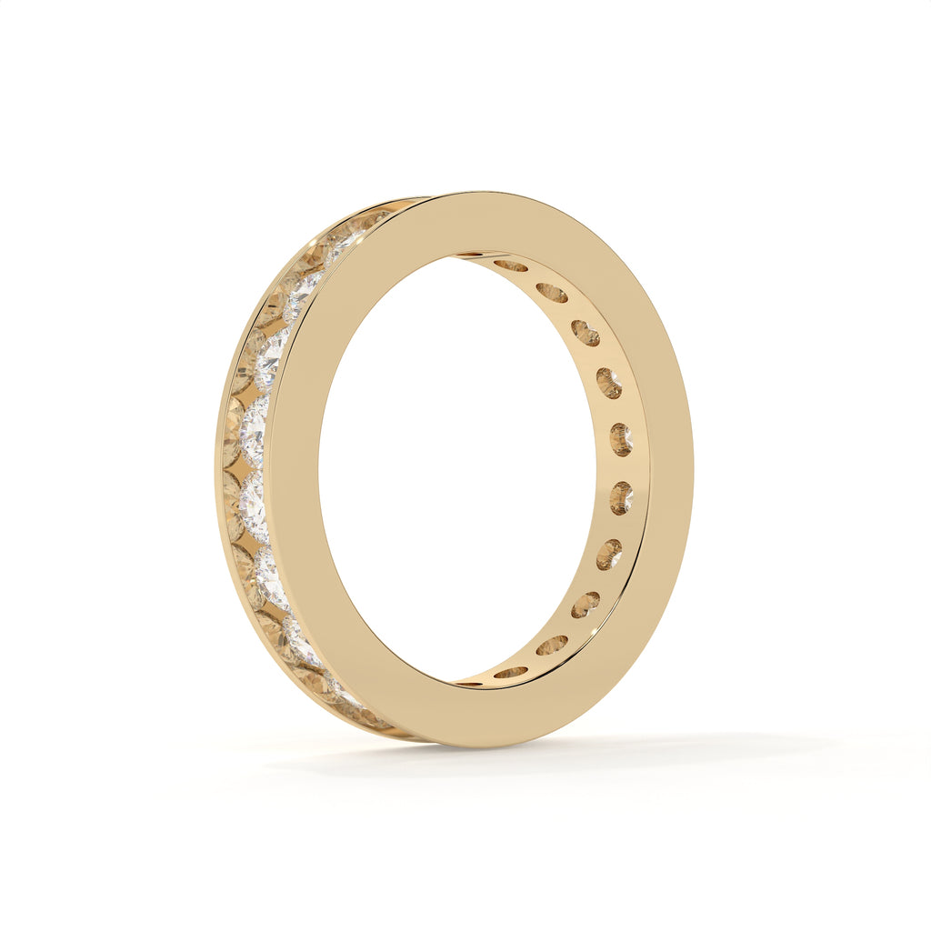 Gold ring with embedded diamonds on a white background