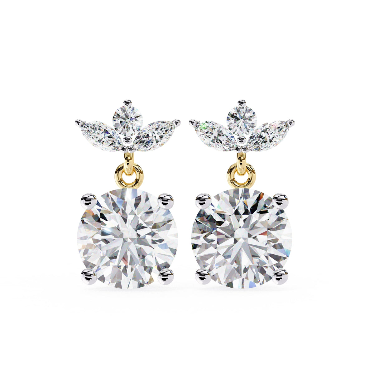 Pair of diamond earrings with gold clasps on a white background