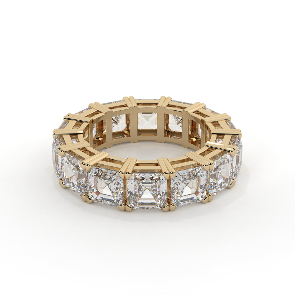 Square emerald cut lab grown diamond full eternity wedding band in yellow gold