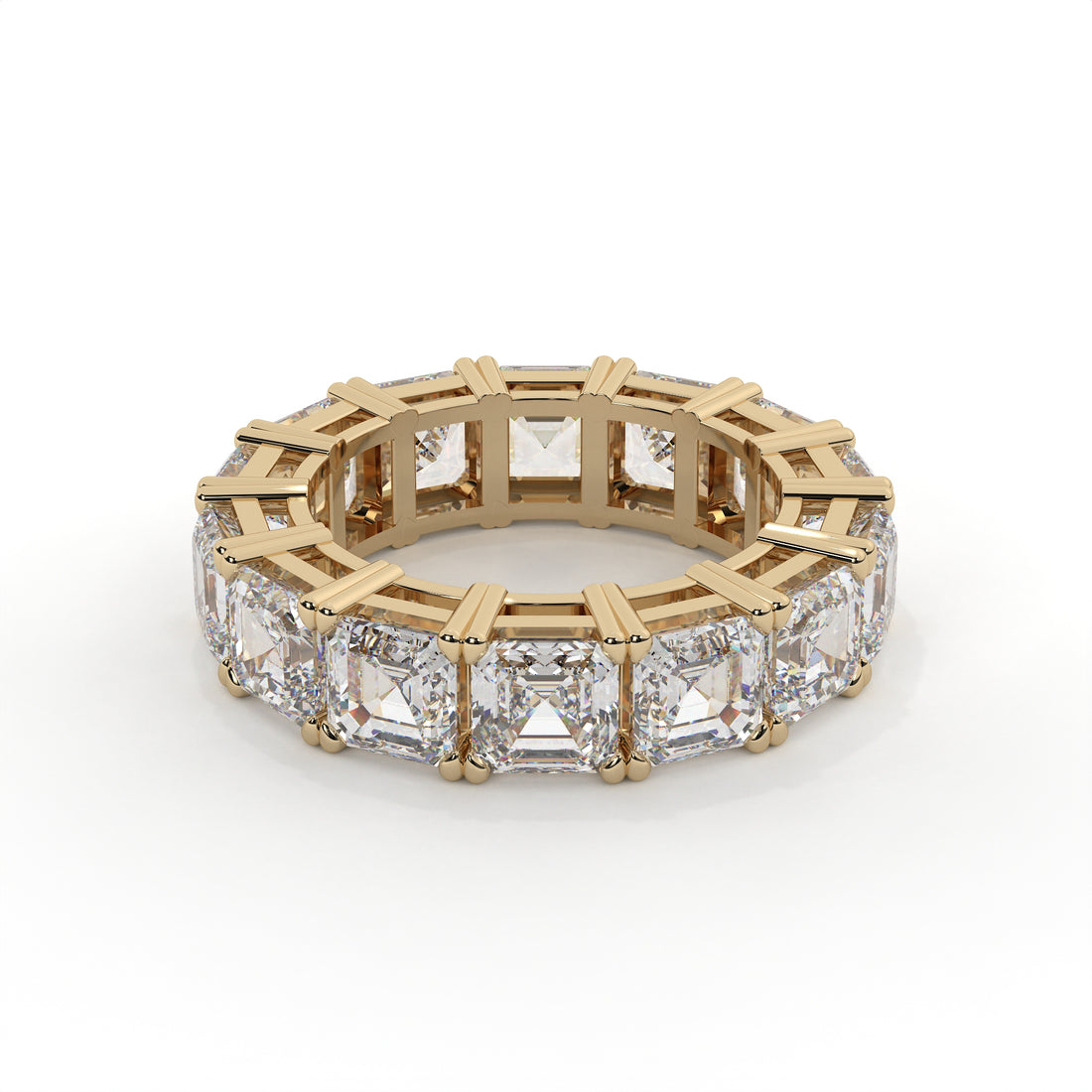 Square emerald cut lab grown diamond full eternity wedding band in yellow gold