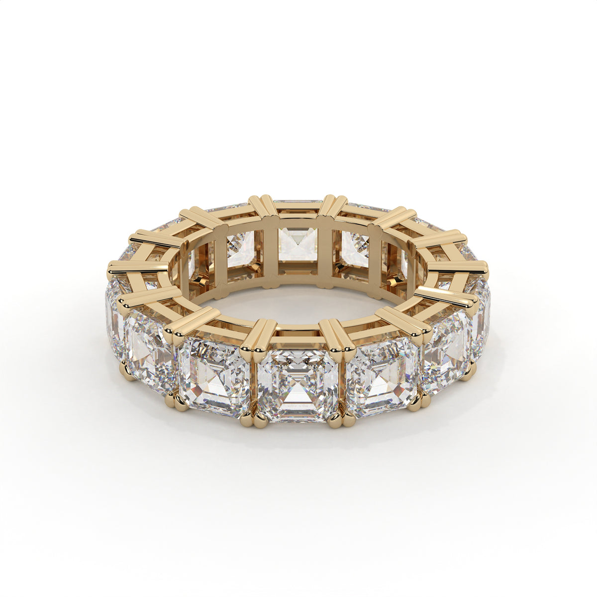 Square emerald cut lab grown diamond full eternity wedding band in yellow gold