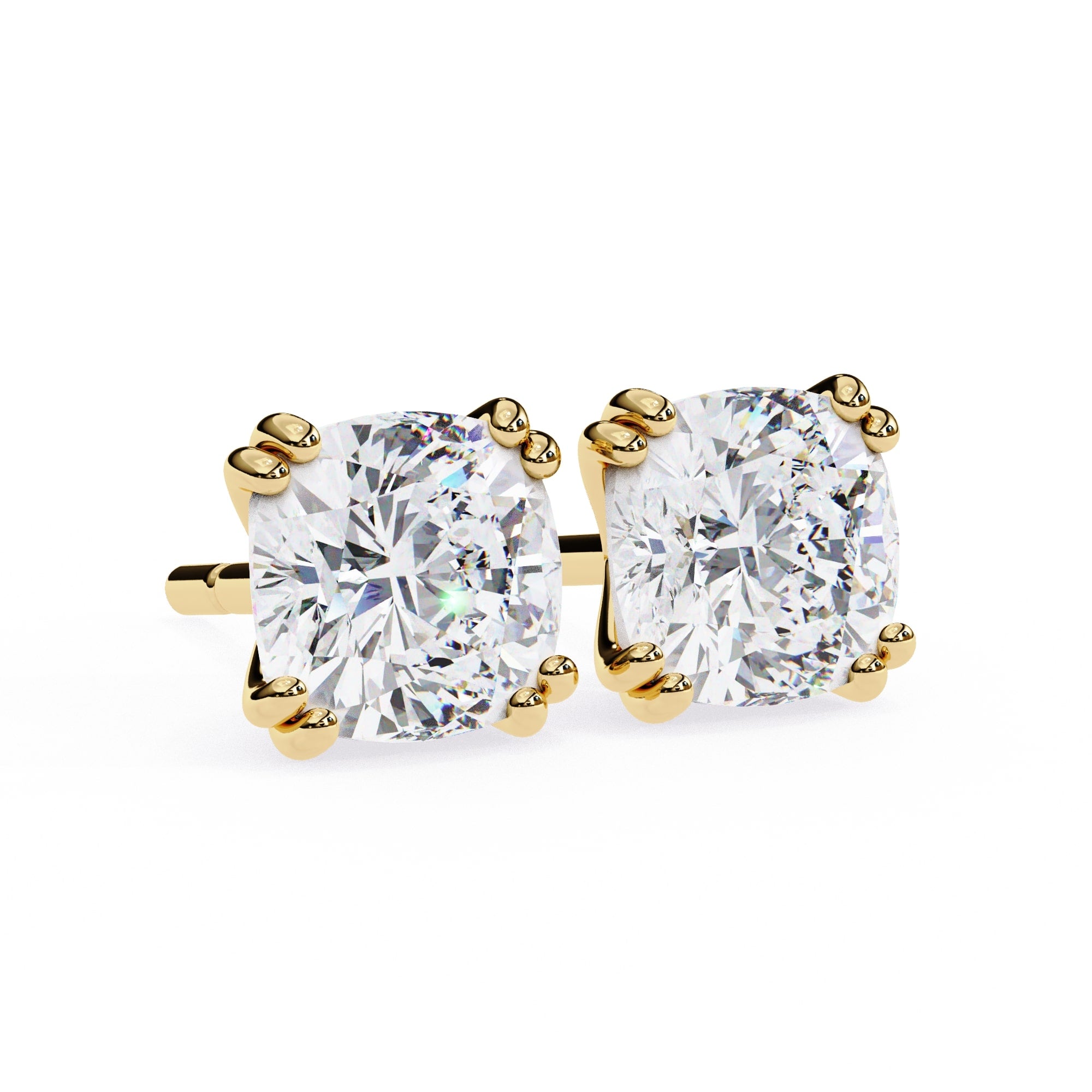Gold stud earrings with clear Lab diamond on a white background