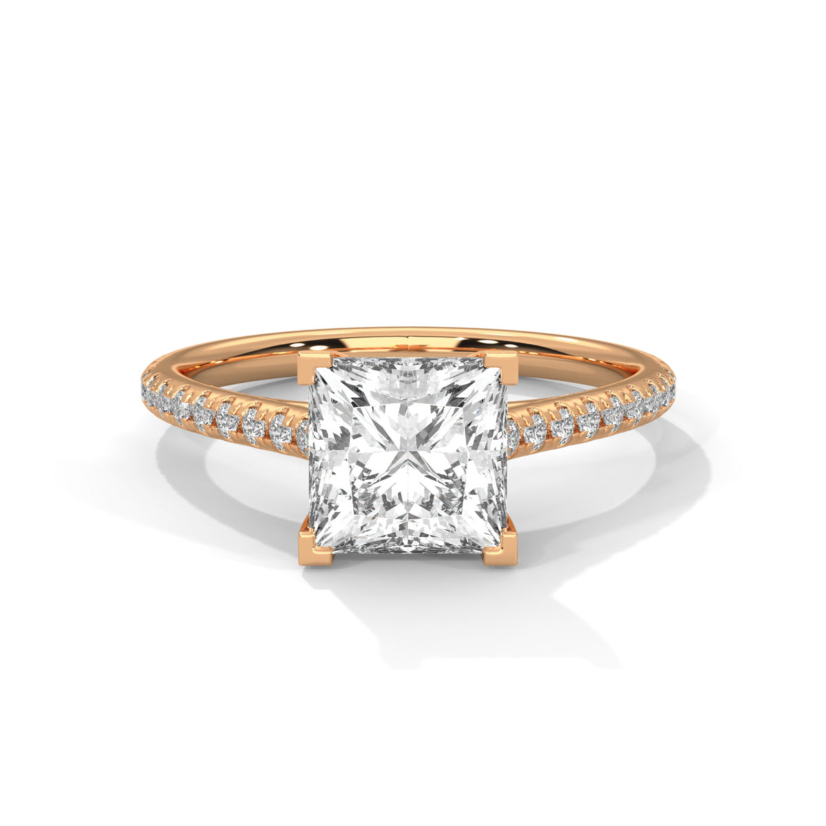 Princess cut diamond engagement ring in rose gold with a pavé diamond band and four-prong setting, shown in a front product view.