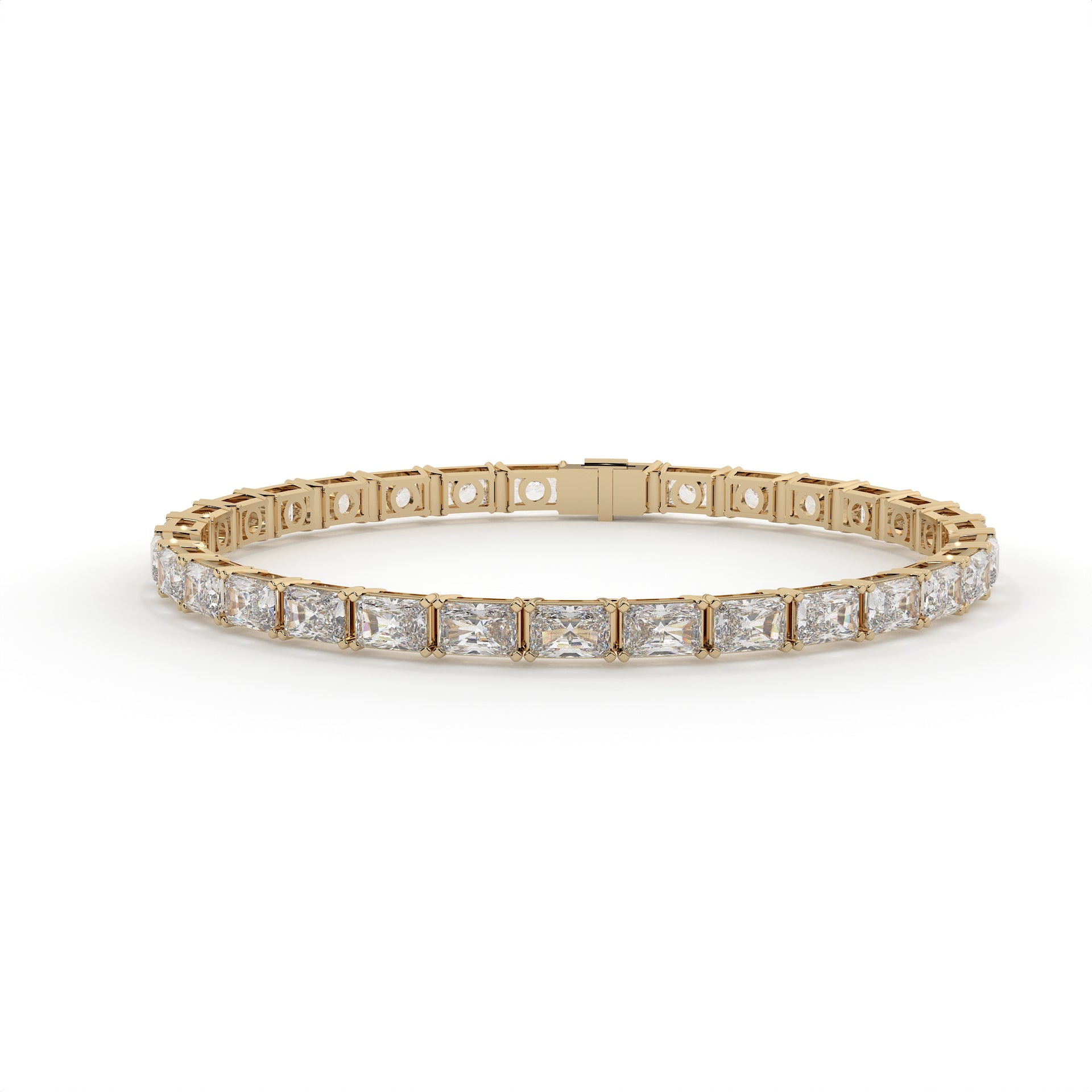 Gold bracelet with square-cut diamonds on a white background