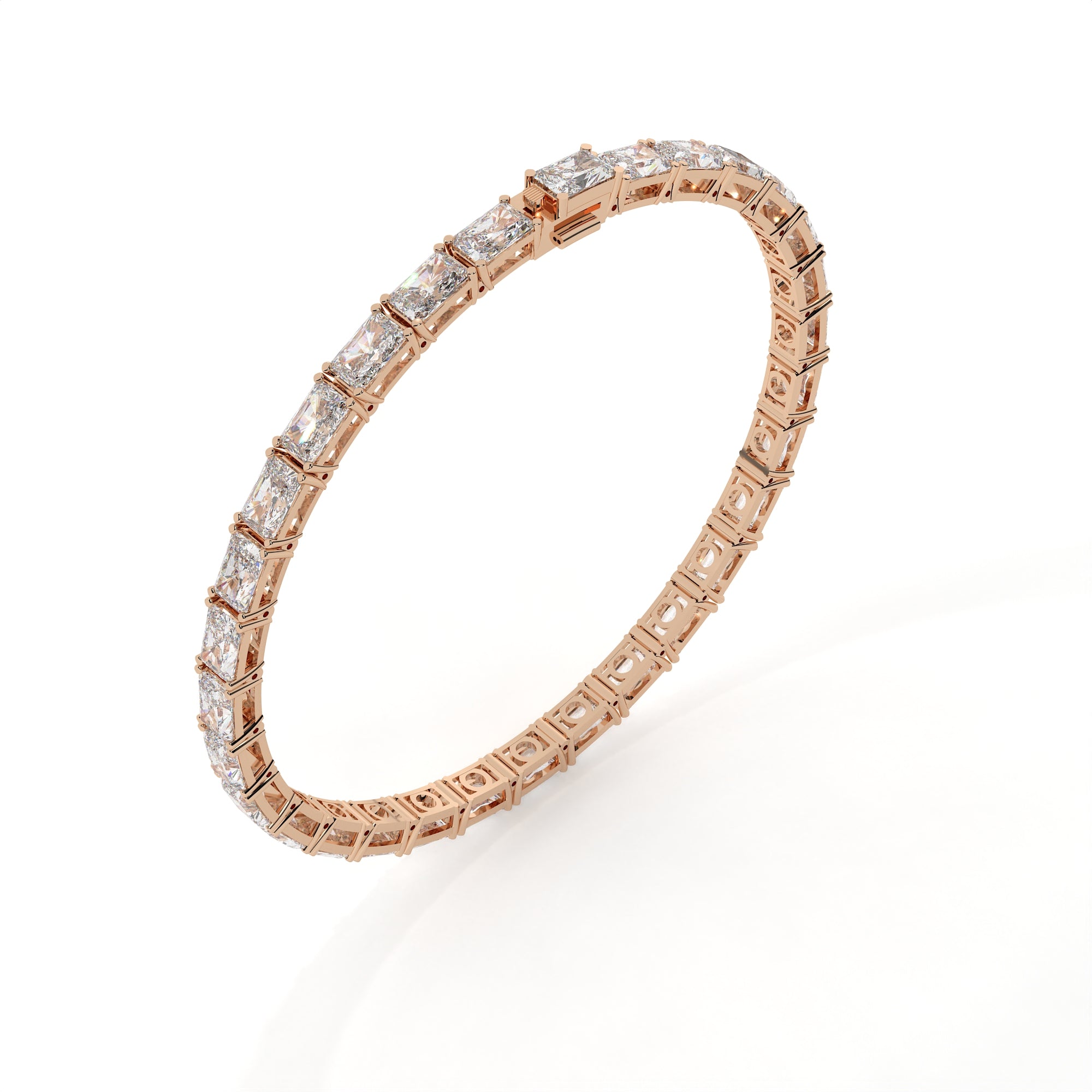 Rose gold bracelet with diamond accents on a white background
