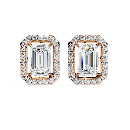Emerald Diamond Stud Earrings Halo Style
