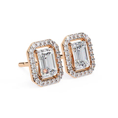Emerald Diamond Stud Earrings Halo Style
