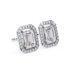 Emerald Diamond Stud Earrings Halo Style