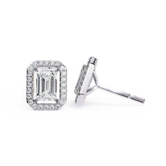 Emerald Diamond Stud Earrings Halo Style