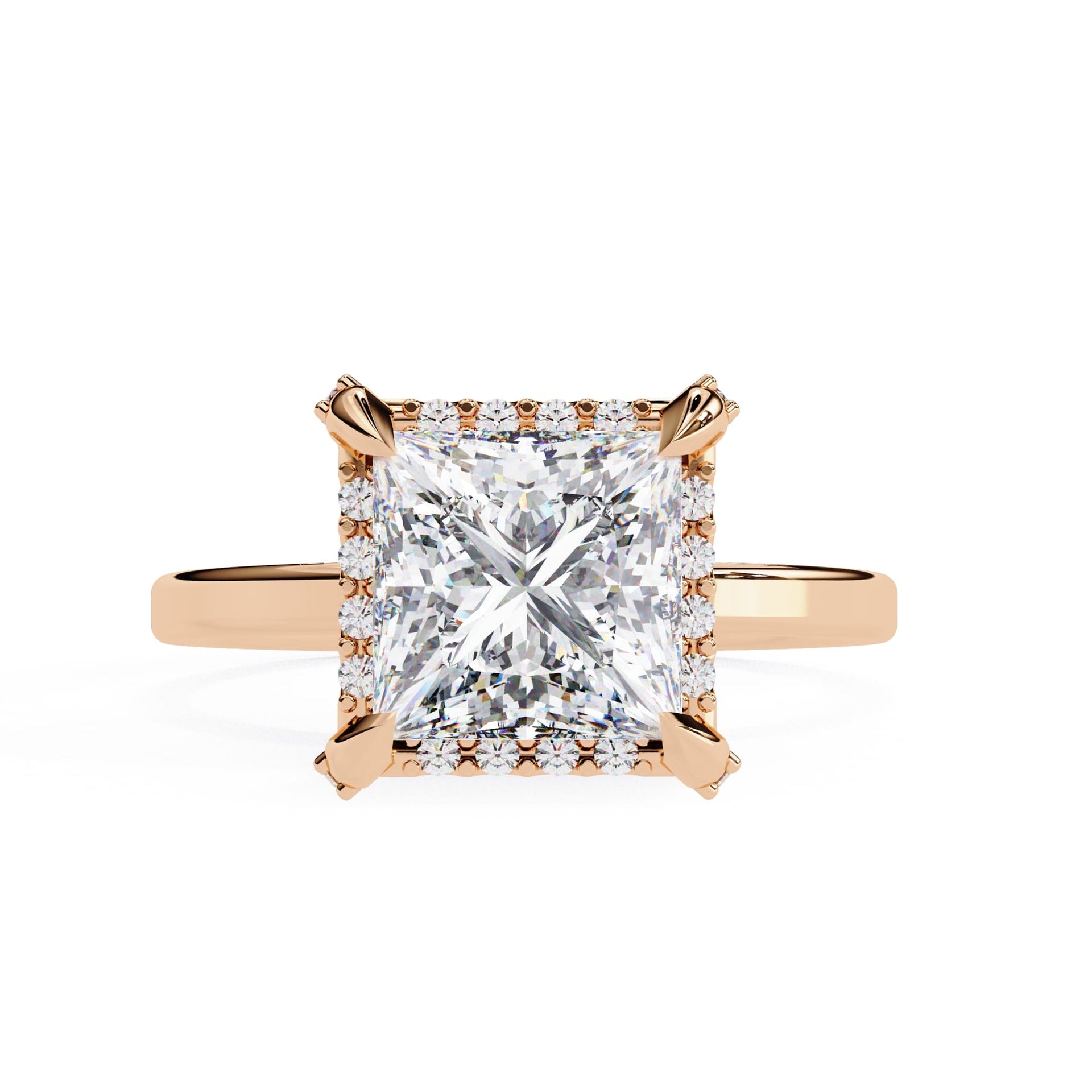 Rose gold ring with a large diamond on a white background